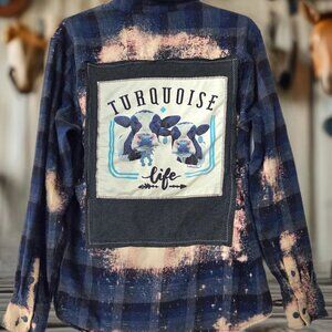 Upcycled TURQUOISE LIFE COWS graphic tshirt distressed plaid flannel shirt